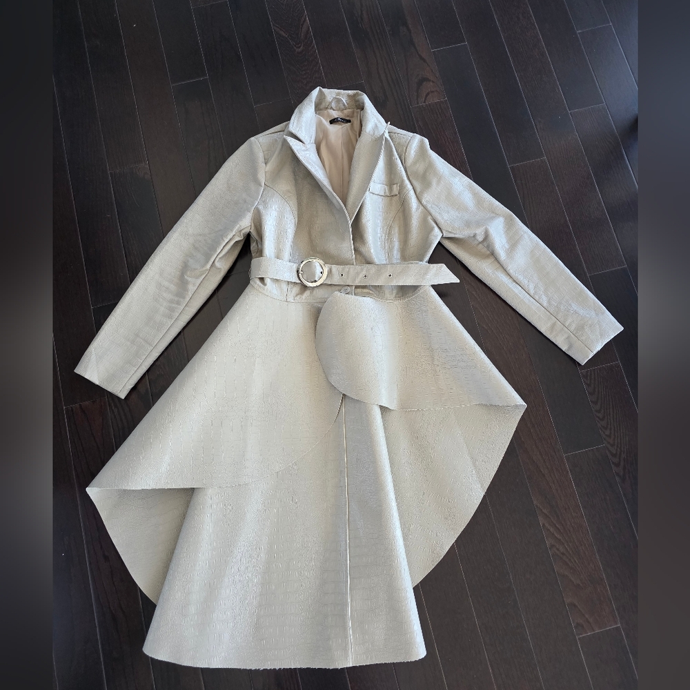 faux leather Beige Women's Trench Coat - Picture 3 of 9